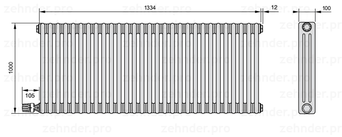 Схема (чертеж) Радиатор Zehnder Charleston 3100/29 №V003 Белый глянцевый RAL 9016